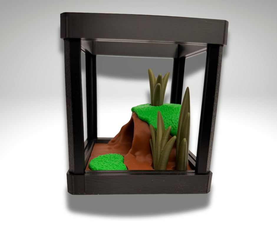 Tiny Black Rain Frog Terrarium - 3D Printed Frog and Terrarium - Room Decor - side view