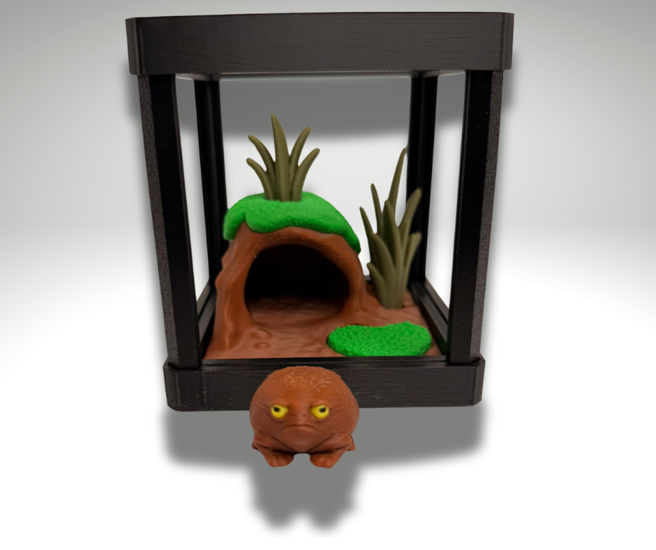 Tiny Black Rain Frog Terrarium - 3D Printed Frog and Terrarium - Room Decor - detail view