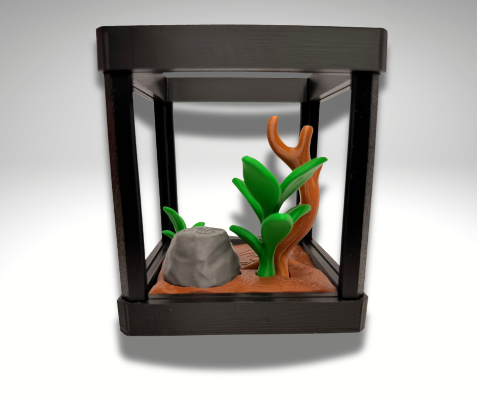 Tiny Golden Poison Frog Terrarium - 3D Printed Frog and Terrarium - Room Decor - display example
