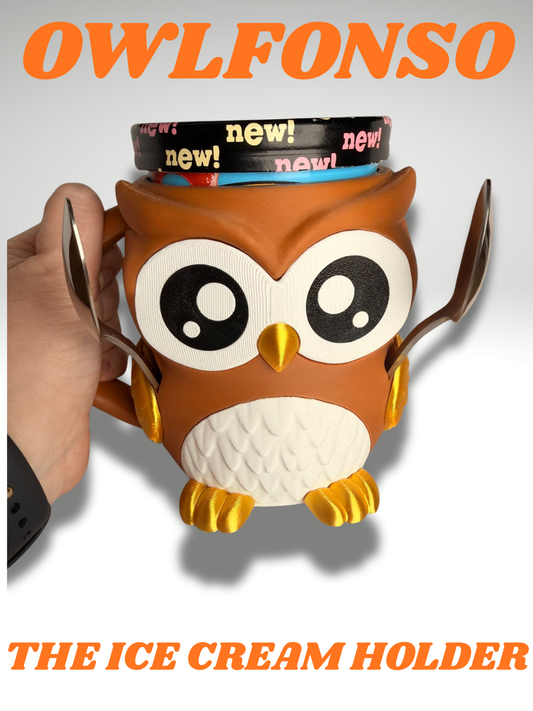 Owlfonso the Owl Ice Cream Holder - 3D Printed Cute Ice Pint Holder - product photo