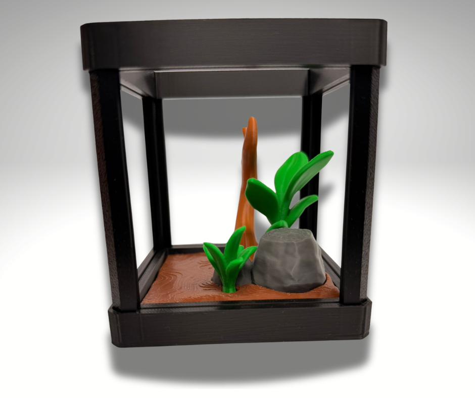 Tiny Golden Poison Frog Terrarium - 3D Printed Frog and Terrarium - Room Decor - side view