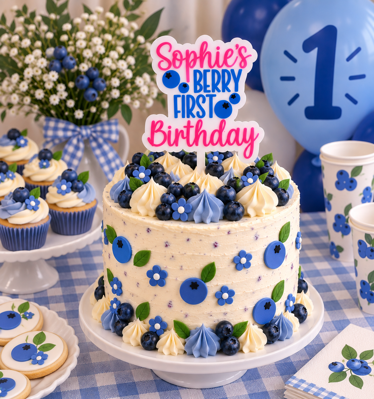 Personalised Berry First Birthday Cake Topper - Blueberry