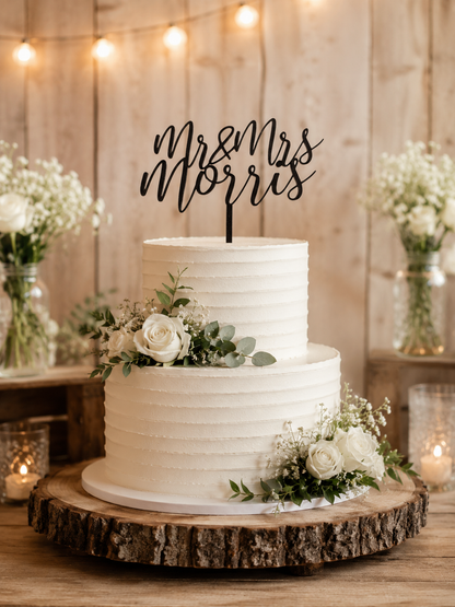 Personalised  Script Wedding Cake Topper | Mr & Mrs Cake Topper | Custom Surname Wedding Topper | Rustic Wedding Decor