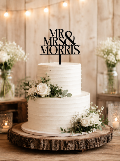 Personalised Wedding Cake Topper | Mr & Mrs Cake Topper | Custom Surname Wedding Topper | Rustic Wedding Decor