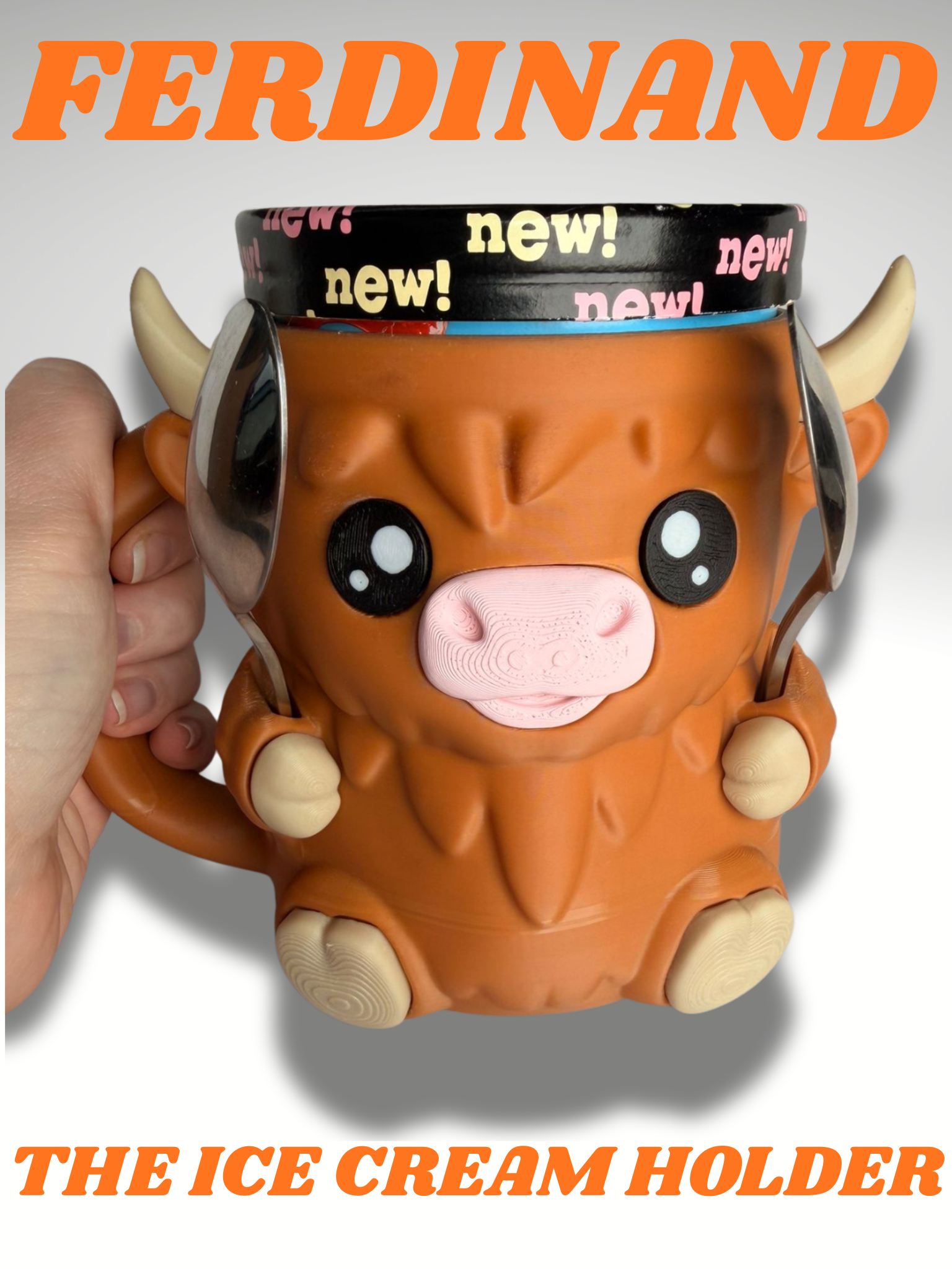 Ferdinand the Highland Cow Ice Cream Holder - 3D Printed Cute Ice Pint Holder - product photo