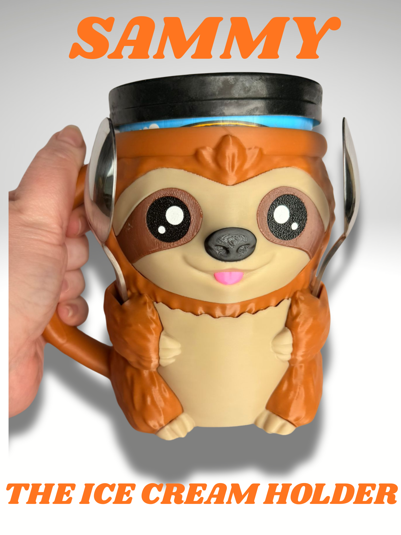 Sammy the Sloth Ice Cream Holder - 3D Printed Cute Ice Pint Holder - product photo