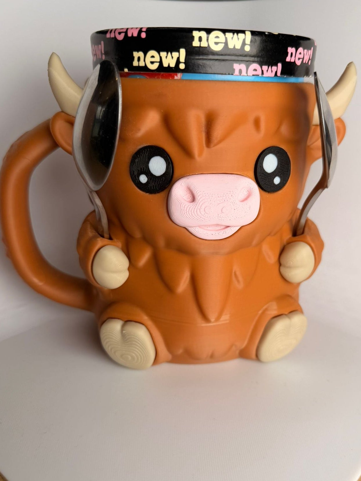Ferdinand the Highland Cow Ice Cream Holder - 3D Printed Cute Ice Pint Holder - alternate angle