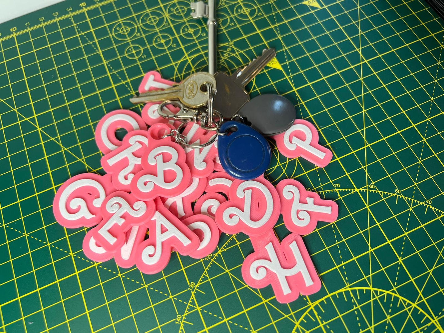Custom Pink and White Name Keyring - detail view