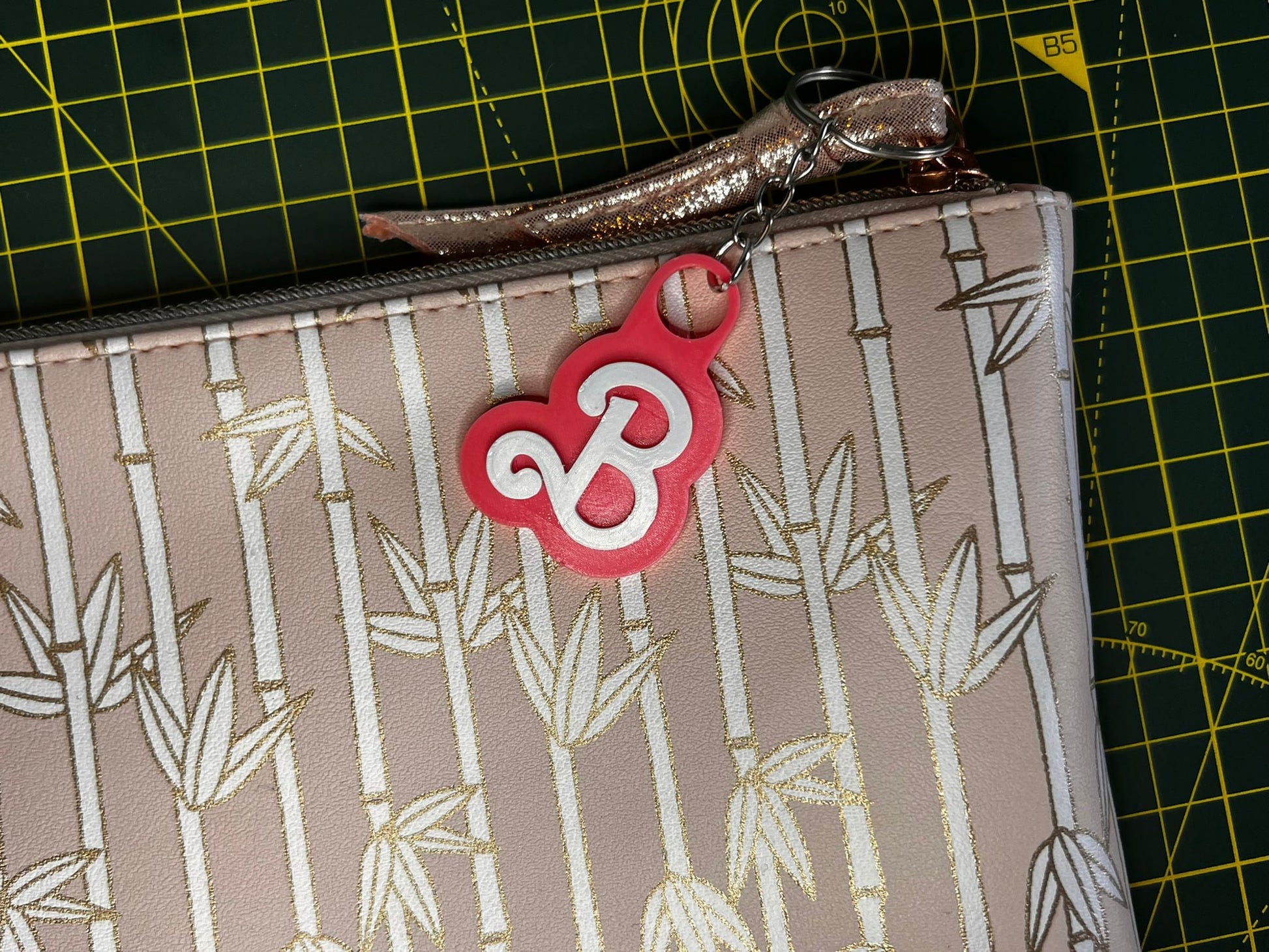 Custom Pink and White Name Keyring - alternate angle